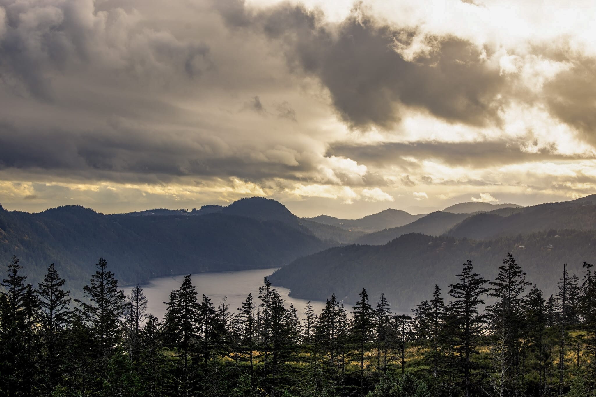 Layered mountains and inlet weather on the British Columbia coast
